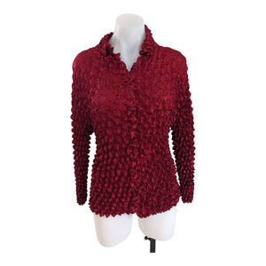 Magic Scarf Co. OSFM Textured Shirt Blouse Red Button Up Long Sleeves Stretch